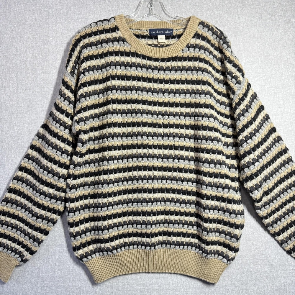 Northern Isles‎ Sweater Womens Large Striped Waffle Knit Crew Neck Pullover